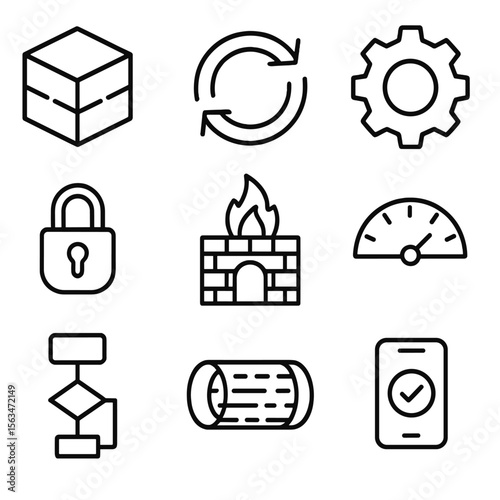 Zero Trust Icons. Outline style icons of Zero Trust Architecture: micro-segmentation cube, continuous authentication loop, context
