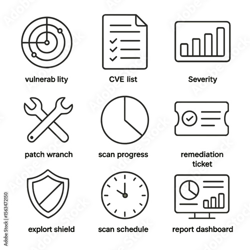 Vulnerability Tools Icons. Outline style icons of Vulnerability Assessment Tools: vulnerability scanner radar, CVE list sheet,