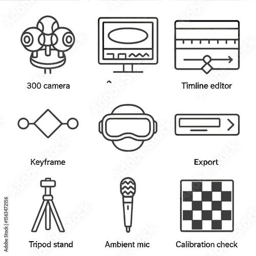 360-Degree Video Icons. Outline style icons of 360-Degree Video Production: 360 camera rig, stitching software screen, timeline