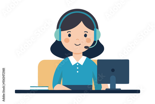 Friendly cartoon woman wearing headset working at computer isolated on white background