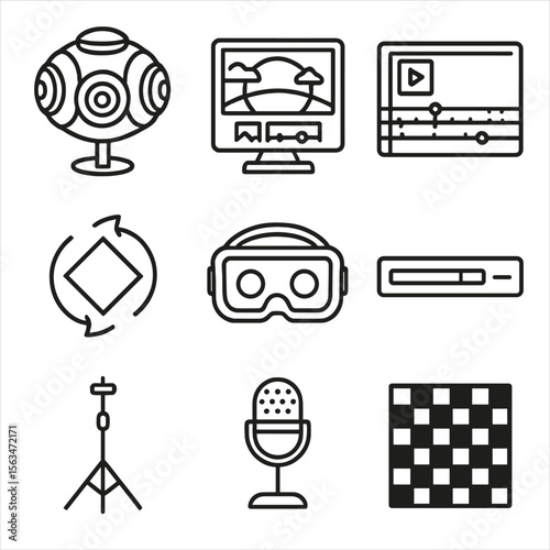 360-Degree Video Icons. Outline style icons of 360-Degree Video Production: 360 camera rig, stitching software screen, timeline