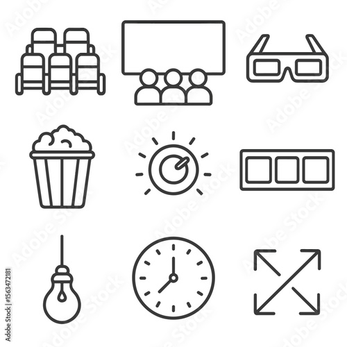 VR Cinema Icons. Outline style icons of VR Cinema Experience: virtual theater seats, giant screen, 3D glasses icon, popcorn bucket