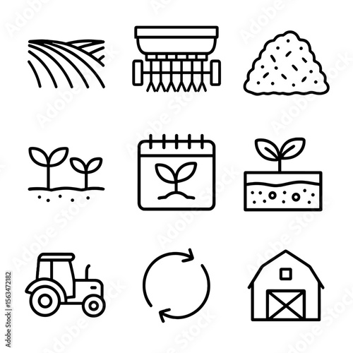 Organic Farming Icons. Outline style icons of Organic Crop Rotation: plowed field, seed drill, compost pile, cover crop sprouts,