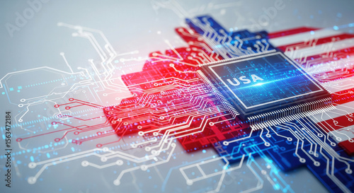 Futuristic USA-themed microchip on a red, white, and blue circuit board design, symbolizing American tech power and Independence Day pride.