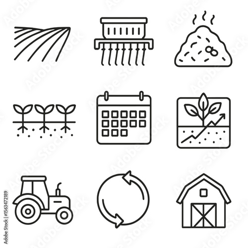 Organic Farming Icons. Outline style icons of Organic Crop Rotation: plowed field, seed drill, compost pile, cover crop sprouts,