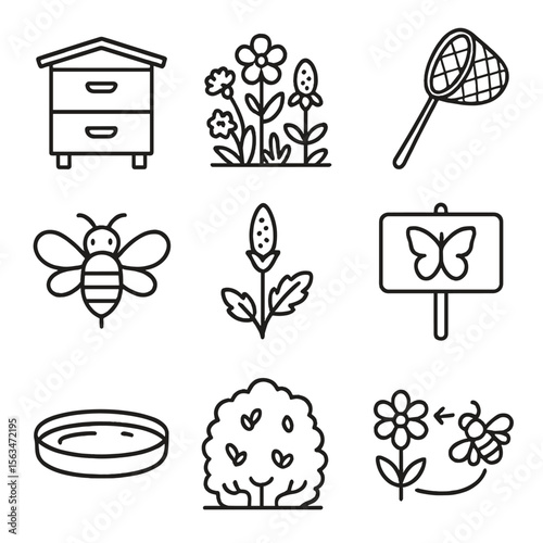 Pollinator Habitat Icons. Outline style icons of Pollinator Habitat: beehive box, wildflower patch, bee icon, butterfly net,