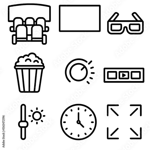 VR Cinema Icons. Outline style icons of VR Cinema Experience: virtual theater seats, giant screen, 3D glasses icon, popcorn bucket