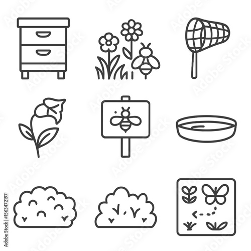 Pollinator Habitat Icons. Outline style icons of Pollinator Habitat: beehive box, wildflower patch, bee icon, butterfly net,