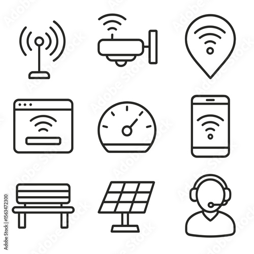 Public WiFi Icons. Outline style icons of Public WiFi Hotspots: wifi antenna, access point bracket, hotspot map pin, login portal