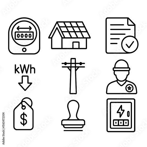 Net Metering Icons. Outline style icons of Net Metering Setup: bidirectional meter, rooftop panel icon, grid pole, contract