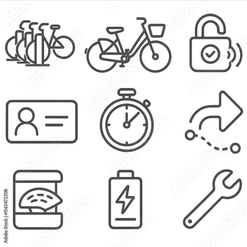 Smart Bike Share Icons. Outline style icons of Smart Bike Share: dock station, smart bike, RFID lock, membership card, ride time
