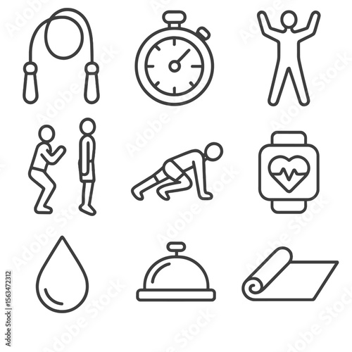 HIIT Circuit Icons. Outline style icons of HIIT Cardio Circuit: jump rope, interval timer, burpee silhouette, squat jump icon,
