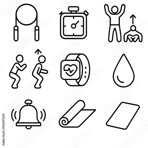 HIIT Circuit Icons. Outline style icons of HIIT Cardio Circuit: jump rope, interval timer, burpee silhouette, squat jump icon,