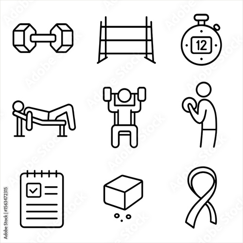 Fitness Icon Collection. Outline style icons of Dumbbell Strength Routine: hex dumbbell, weight rack, rep counter, bench press