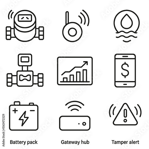 Smart Water Metering Icons. Outline style icons of Smart Water Metering: ultrasonic water meter, transmitter antenna, leak sensor,