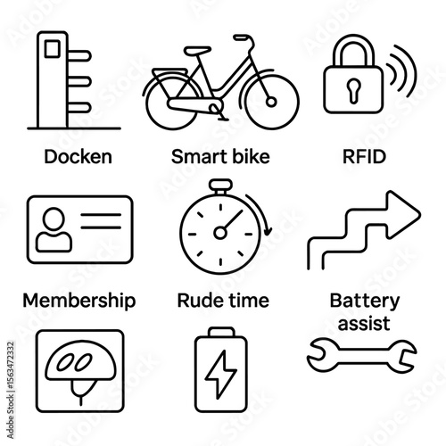Smart Bike Share Icons. Outline style icons of Smart Bike Share: dock station, smart bike, RFID lock, membership card, ride time