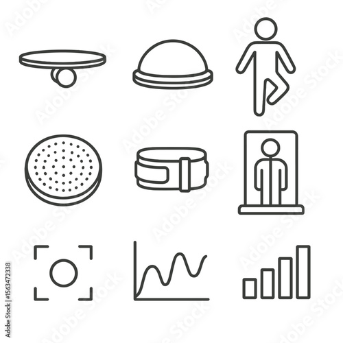 Balance Training Icons. Outline style icons of Balance & Stability Training: balance board, BOSU ball, single-leg stance icon,
