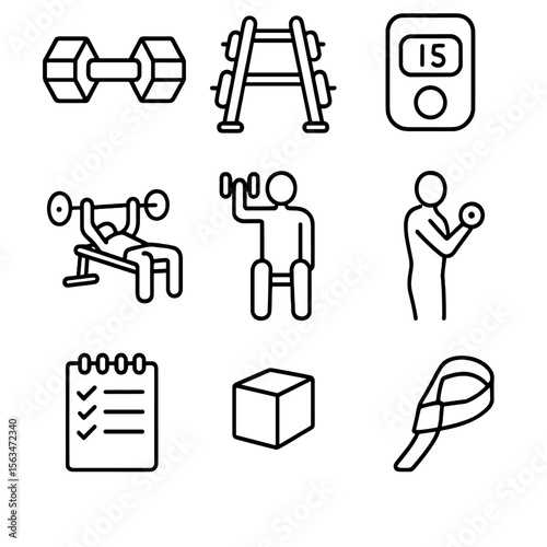 Fitness Icon Collection. Outline style icons of Dumbbell Strength Routine: hex dumbbell, weight rack, rep counter, bench press