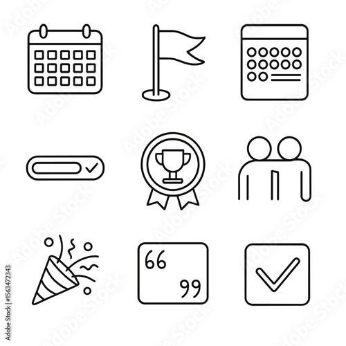 Outline Fitness Icons. Outline style icons of Fitness Challenge Goals: 30-day calendar, goal flag, habit tracker sheet, progress
