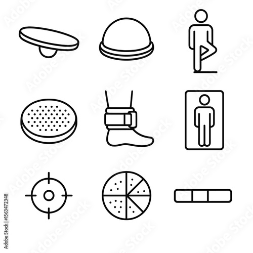 Balance Training Icons. Outline style icons of Balance & Stability Training: balance board, BOSU ball, single-leg stance icon,