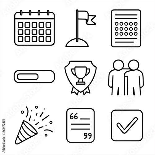 Outline Fitness Icons. Outline style icons of Fitness Challenge Goals: 30-day calendar, goal flag, habit tracker sheet, progress