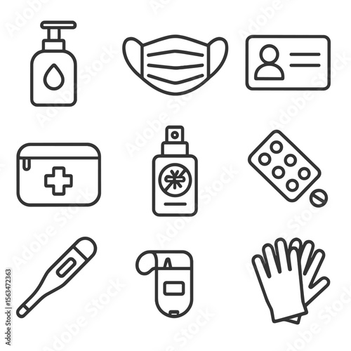 Travel Safety Essentials. Outline style icons of Travel Health & Safety Kit: sanitizer bottle, face mask, insurance card,