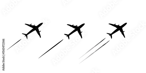 Airplane silhouette vector art flying in formation with contrails design black