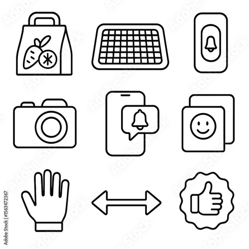 Contactless Delivery Icons. Outline style icons of Contactless Doorstep Delivery: sealed food bag, porch mat icon, doorbell button