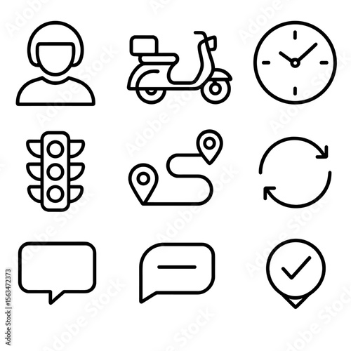 Live Delivery Icons. Outline style icons of Live Delivery Tracking: driver avatar, scooter icon, road route line, ETA clock,