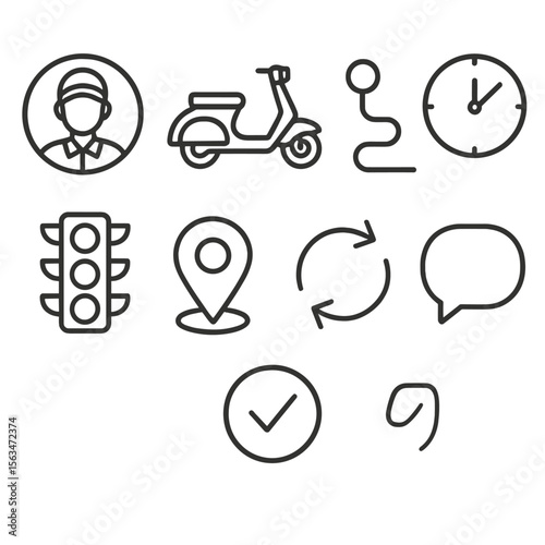 Live Delivery Icons. Outline style icons of Live Delivery Tracking: driver avatar, scooter icon, road route line, ETA clock,