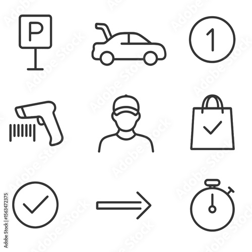 Curbside Pickup Icons. Outline style icons of Curbside Pickup Flow: parking spot sign, car trunk open, order number badge, barcode