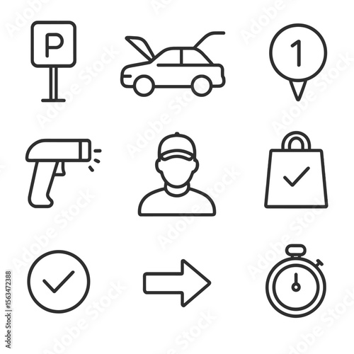 Curbside Pickup Icons. Outline style icons of Curbside Pickup Flow: parking spot sign, car trunk open, order number badge, barcode