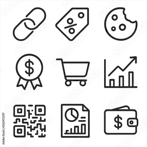 Affiliate Toolkit Icons. Outline style icons of Affiliate Link Toolkit: link chain, promo code tag, tracking cookie, sales
