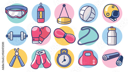 Collection of sports equipment icons including gloves, weights, helmet and other fitness items present