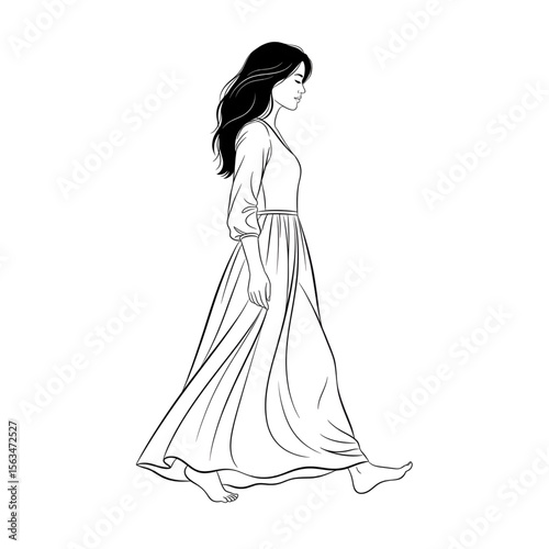 Elegant woman walking in flowing dress – line art illustration
