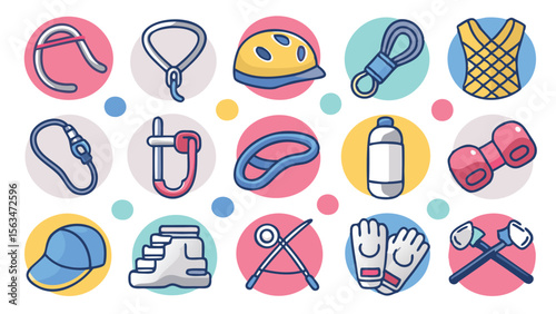 Illustration of various climbing and fitness equipment including carabiners and weights on colored circles
