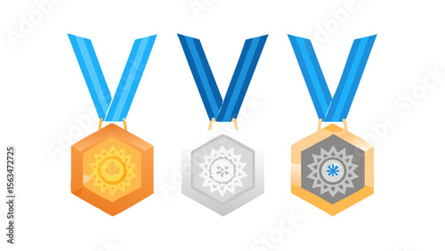 Three medals awards gold silver bronze for winner achievement competition sport