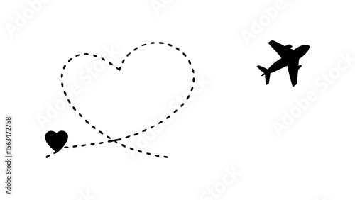 Airplane flying with love heart travel route vector design for romantic journey