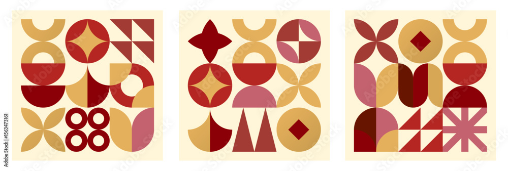 Fototapeta premium Set of Minimalist geometric vector illustration. Abstract retro style art with simple shapes in red, gold. Modern graphic, decorative square elements for New Year background, seamless pattern. 