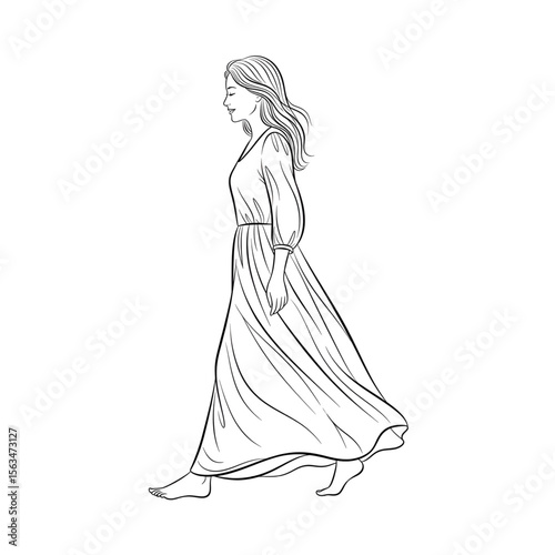 Elegant woman walking in flowing dress – line art illustration

