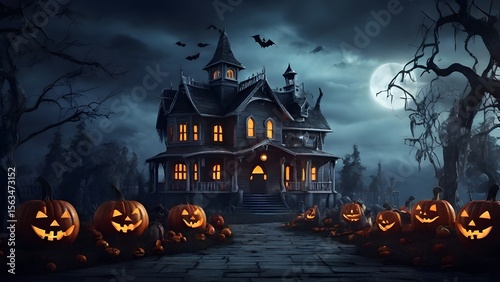 Haunted Forest at Night with Glowing Jack-o’-Lanterns and Foggy Atmosphere