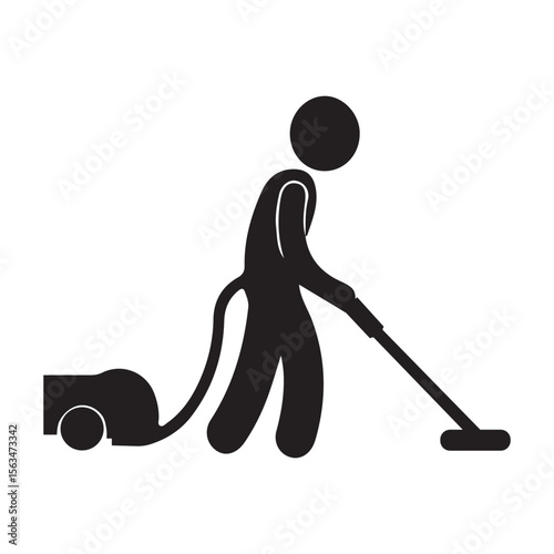 Person vacuuming floor with cleaning machine: simple black silhouette icon