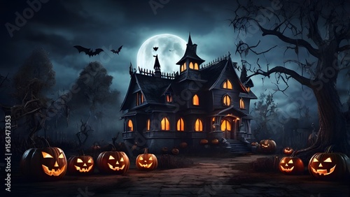 Haunted Forest at Night with Glowing Jack-o’-Lanterns and Foggy Atmosphere