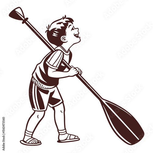 Boy holding paddle laughing child happy