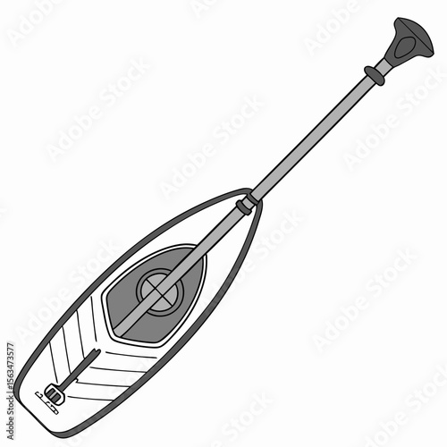 Grey paddle with black accents and vibration dampener on white water sports stand up paddleboard