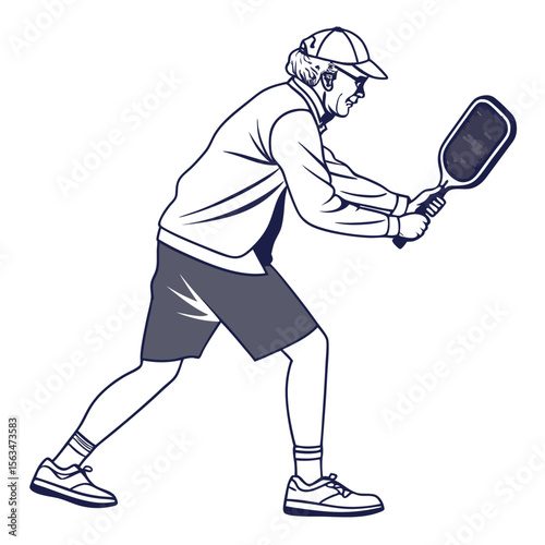 Elderly person playing pickleball with racket senior sport