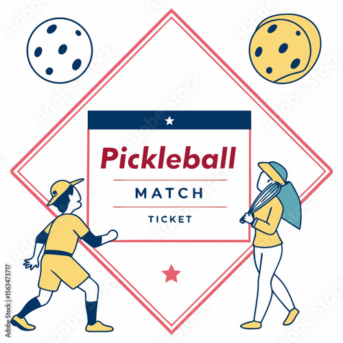 Pickleball match ticket graphic with players and balls sport game