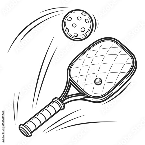 Pickleball paddle striking a perforated ball with motion lines sport game