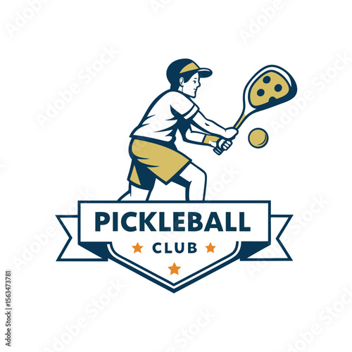 Pickleball player hitting ball emblem sport racket