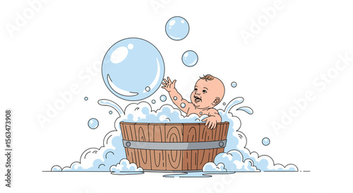 Adorable baby enjoying a bubbly bath time with lots of playful bubbles and splashes in a wooden tub creating joyful moments